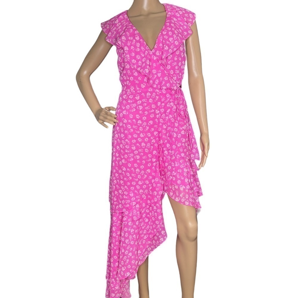 Lulu's Cornelia Pink Floral Ruffled Wrap Midi Dress small